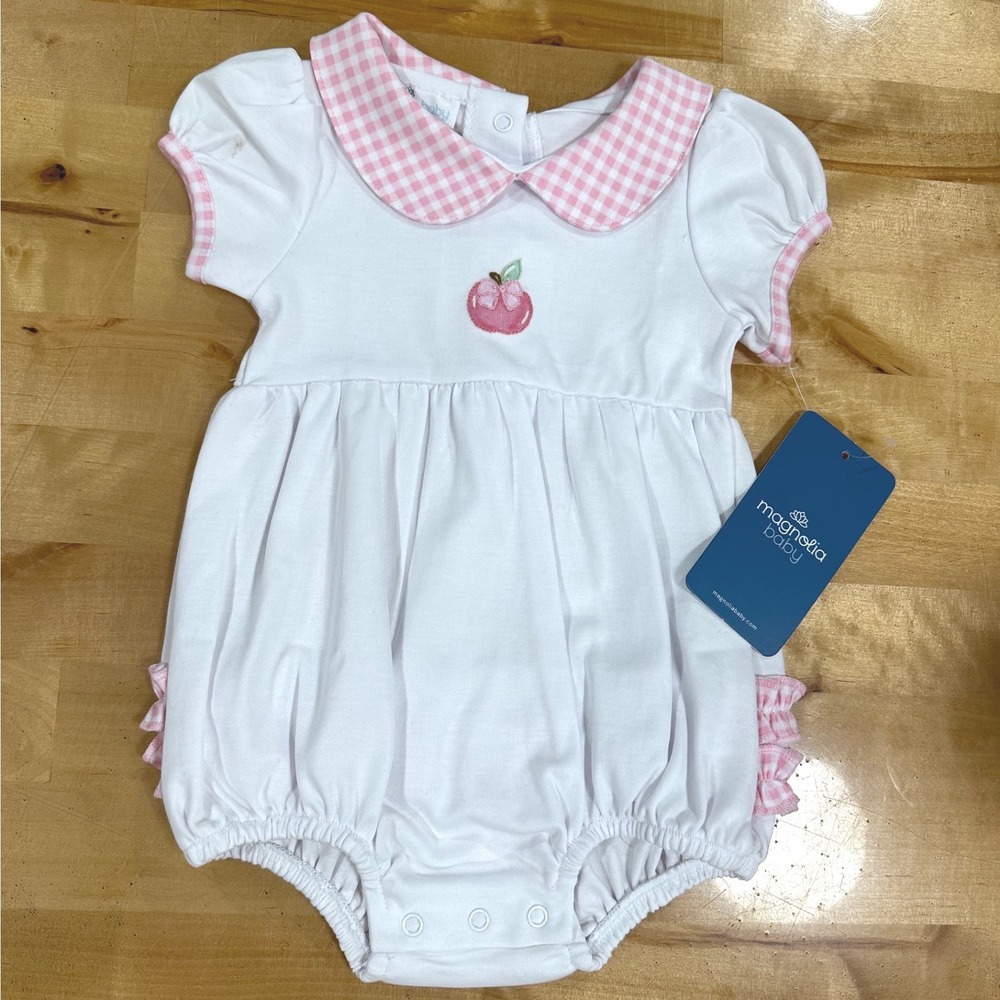 Magnolia Baby Bubble Romper Kids 6M Pink White NEW Gingham Apple Ruffle Boutique